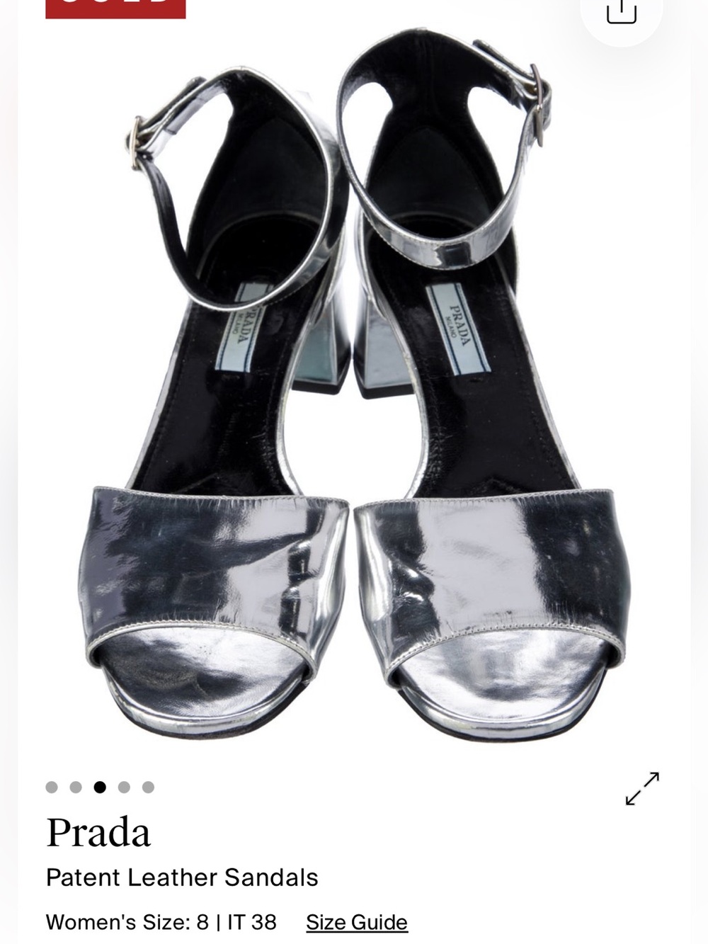 Prada Metallic Silver Patent Leather Block Heel Sandals